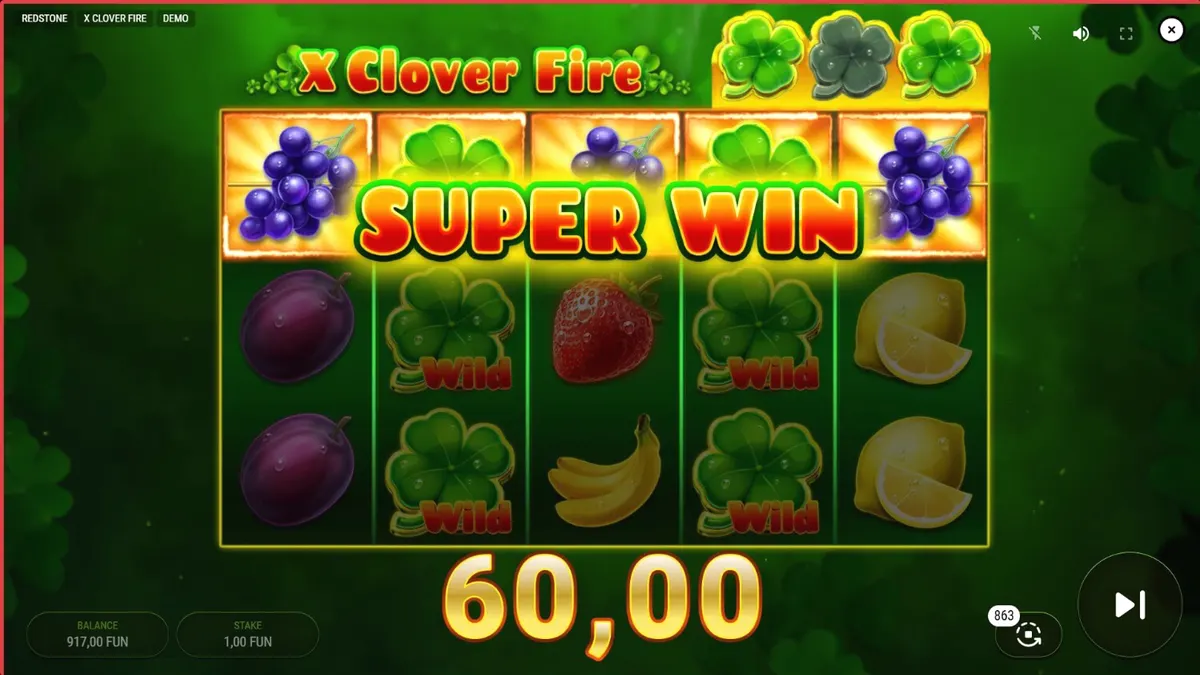Tampilan visual slot X Clover Fire dengan simbol buah dan clover yang menyala