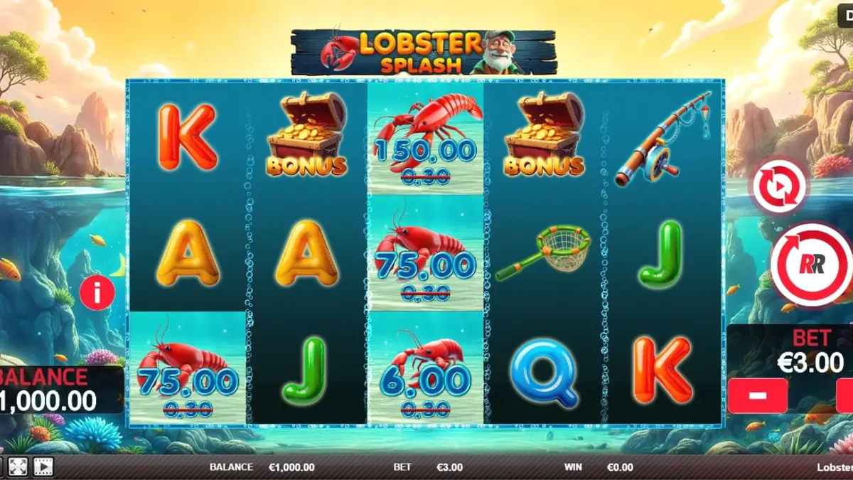 Tampilan visual slot Lobster Splash dengan tema bawah laut dan simbol nelayan